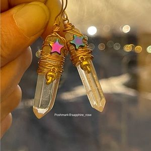 Wire Wrap Boho Crystal Womens Earrings & Moon Rainbow Aura Stars + Brooch & Bag